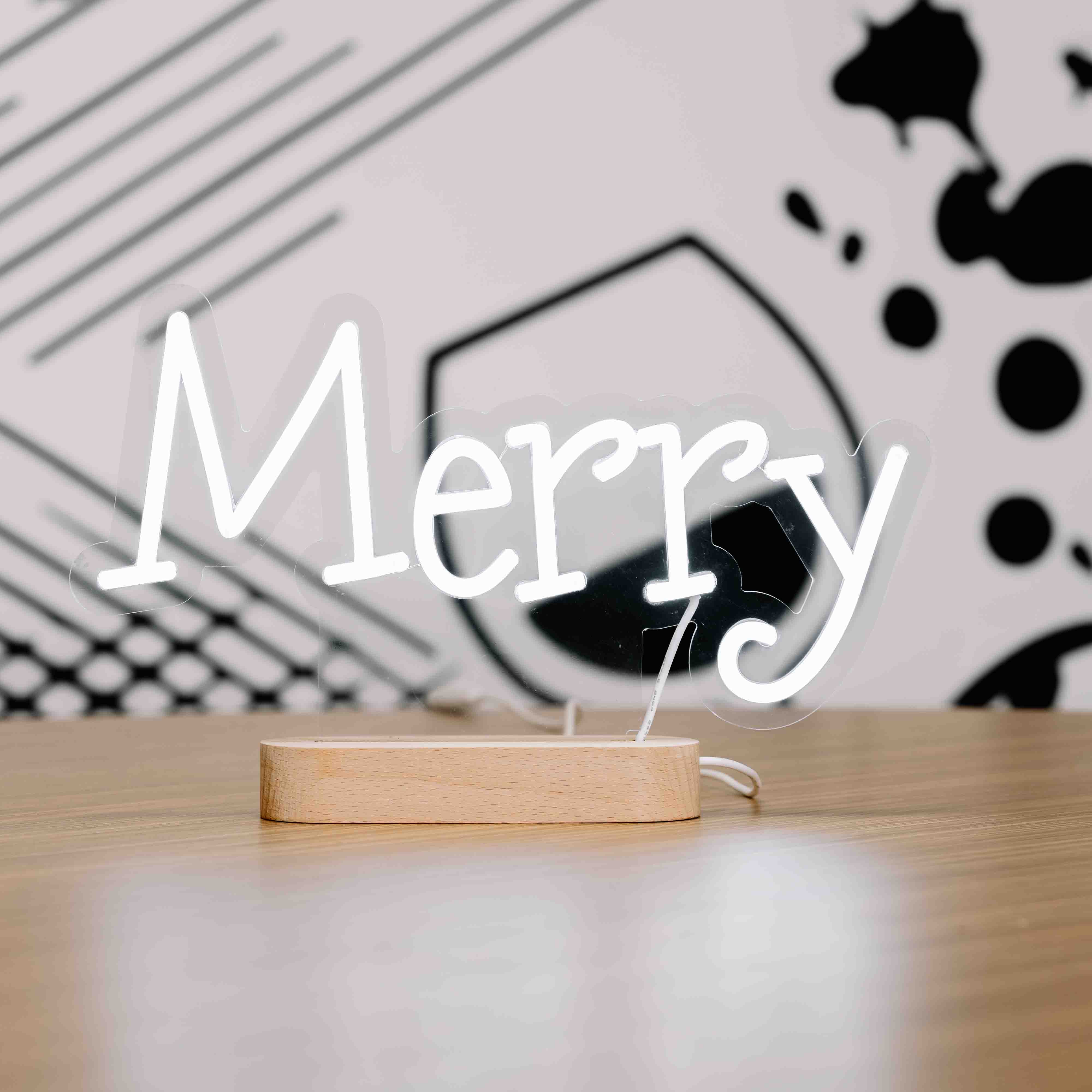 Merry Neon Sign - Christmas Table Stand - Wooden Base