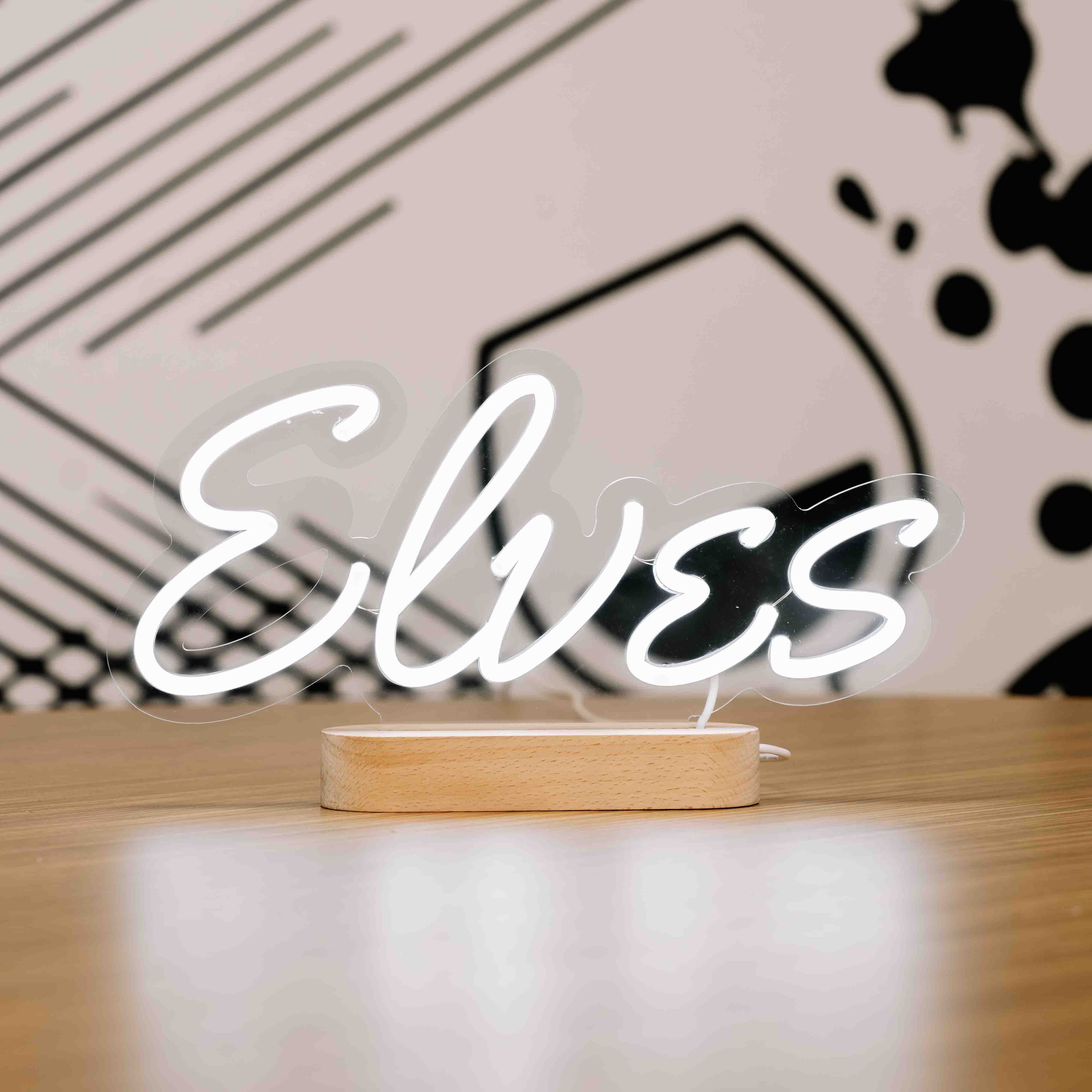 Elves Neon Sign - Christmas Table Stand - Wooden Base