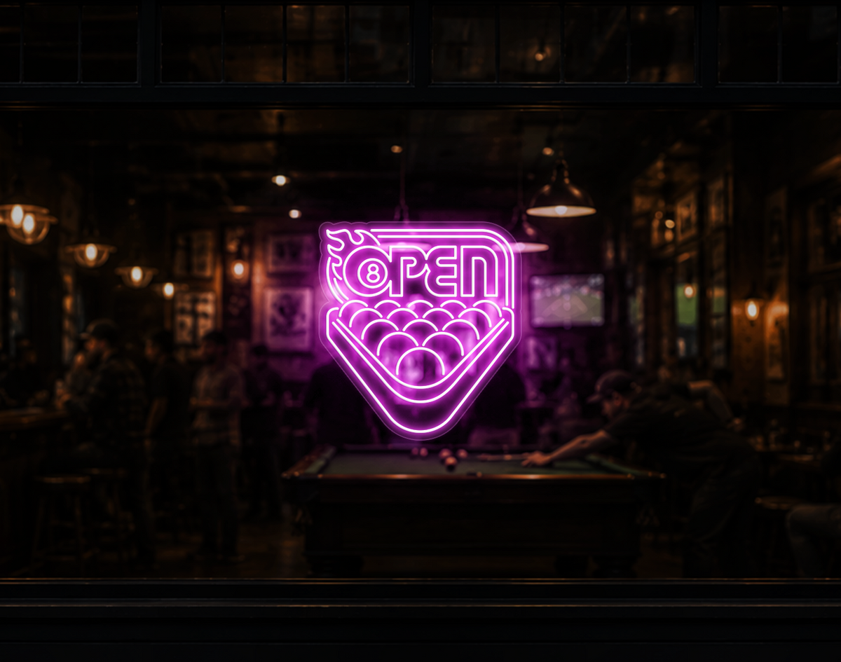 Billiards Badge Open LED Neon Sign - Bubblegum Pink