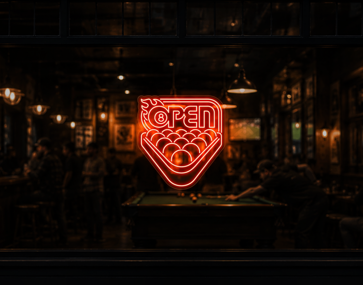 Billiards Badge Open LED Neon Sign - Orange