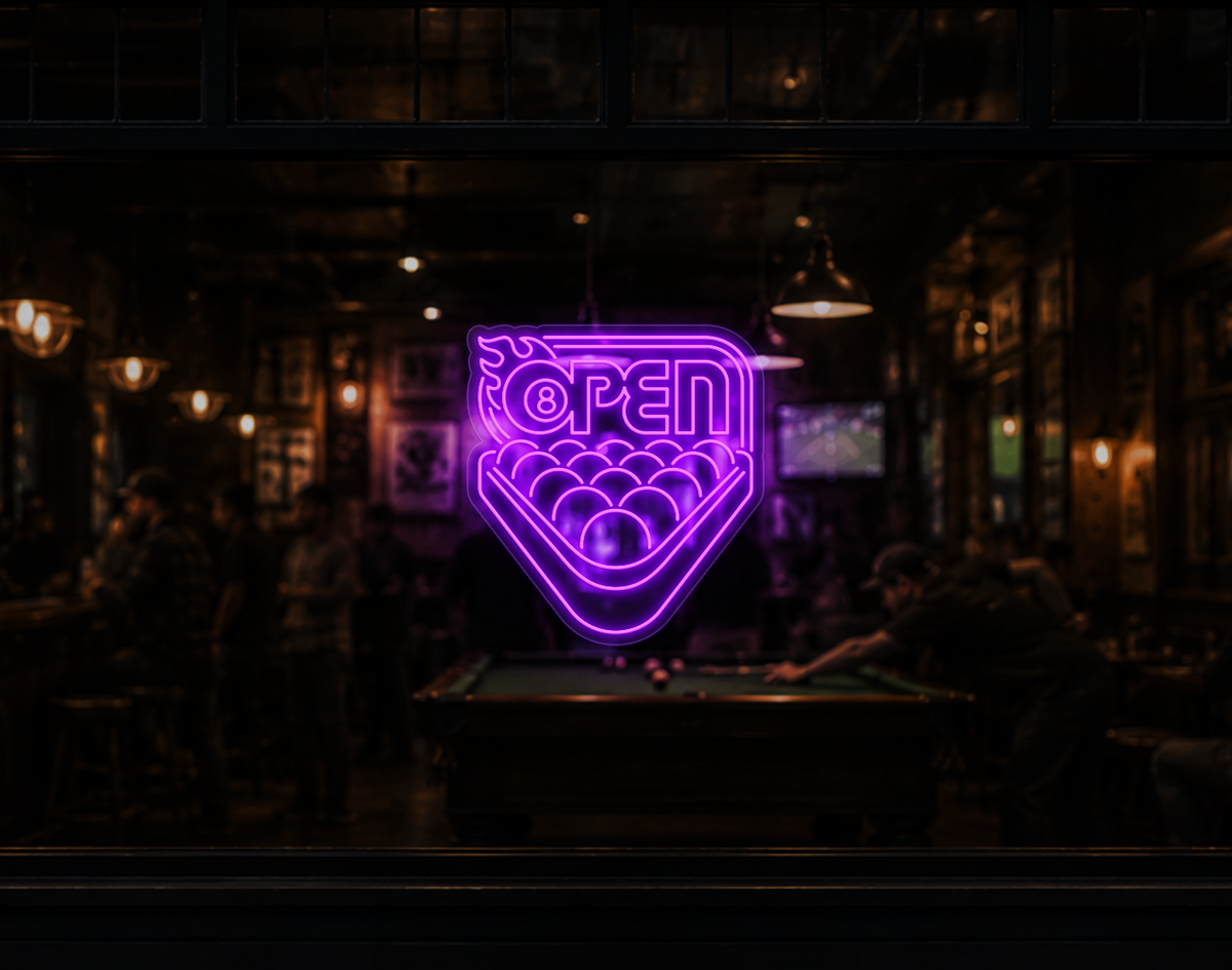 Billiards Badge Open LED Neon Sign - Purple
