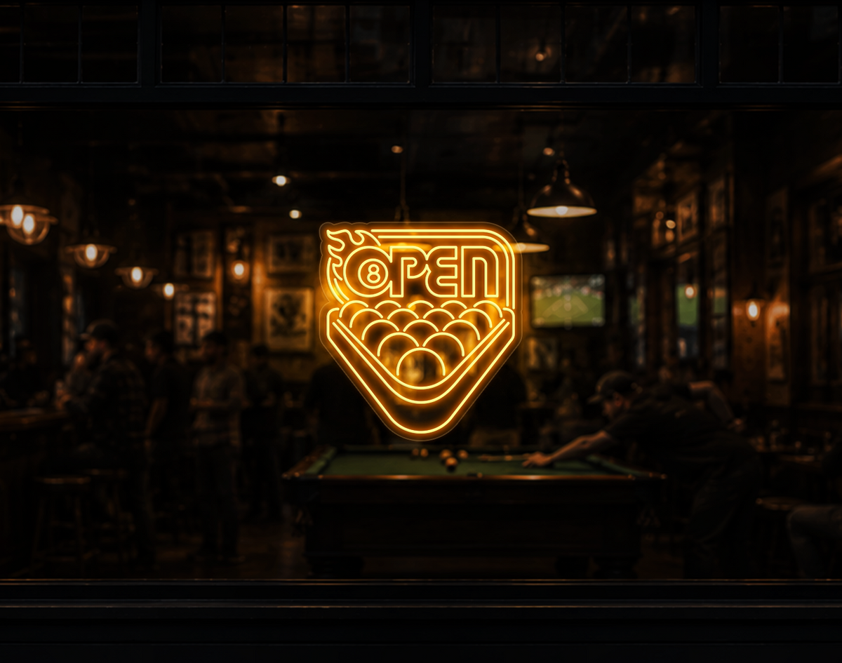 Billiards Badge Open LED Neon Sign - Sunset Yellow