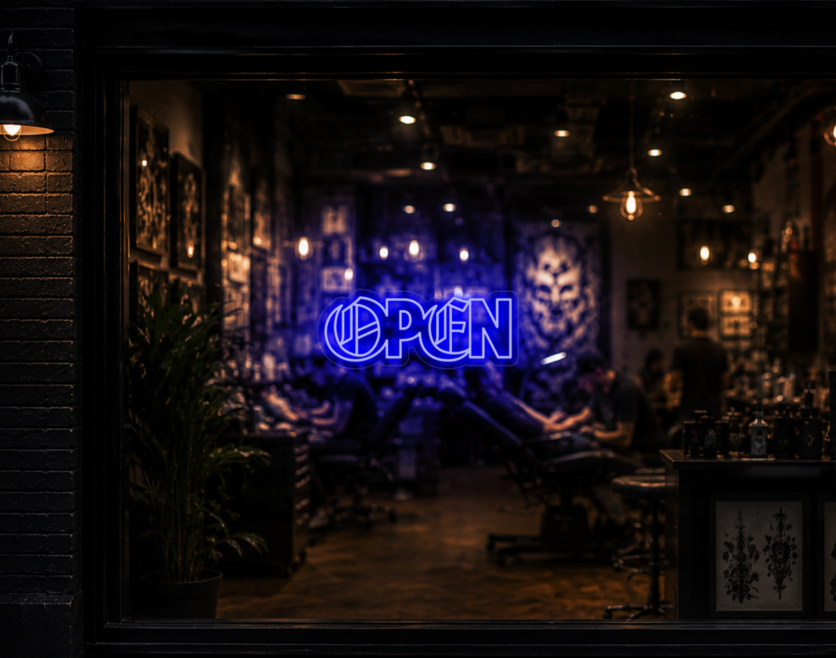 Blackletter Hybrid Type Open LED Neon Sign - Dark Blue