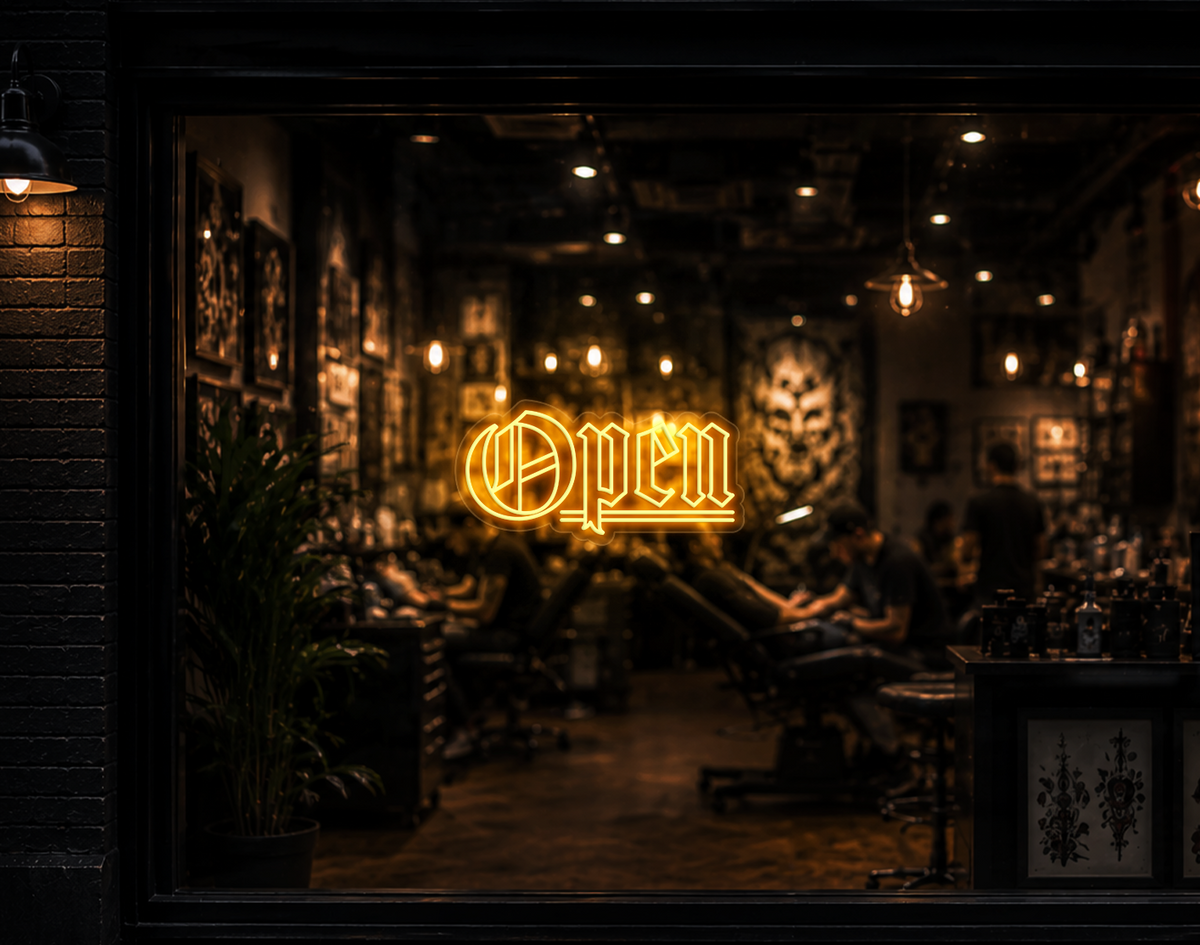 Blackletter Open LED Neon Sign - Sunset Yellow