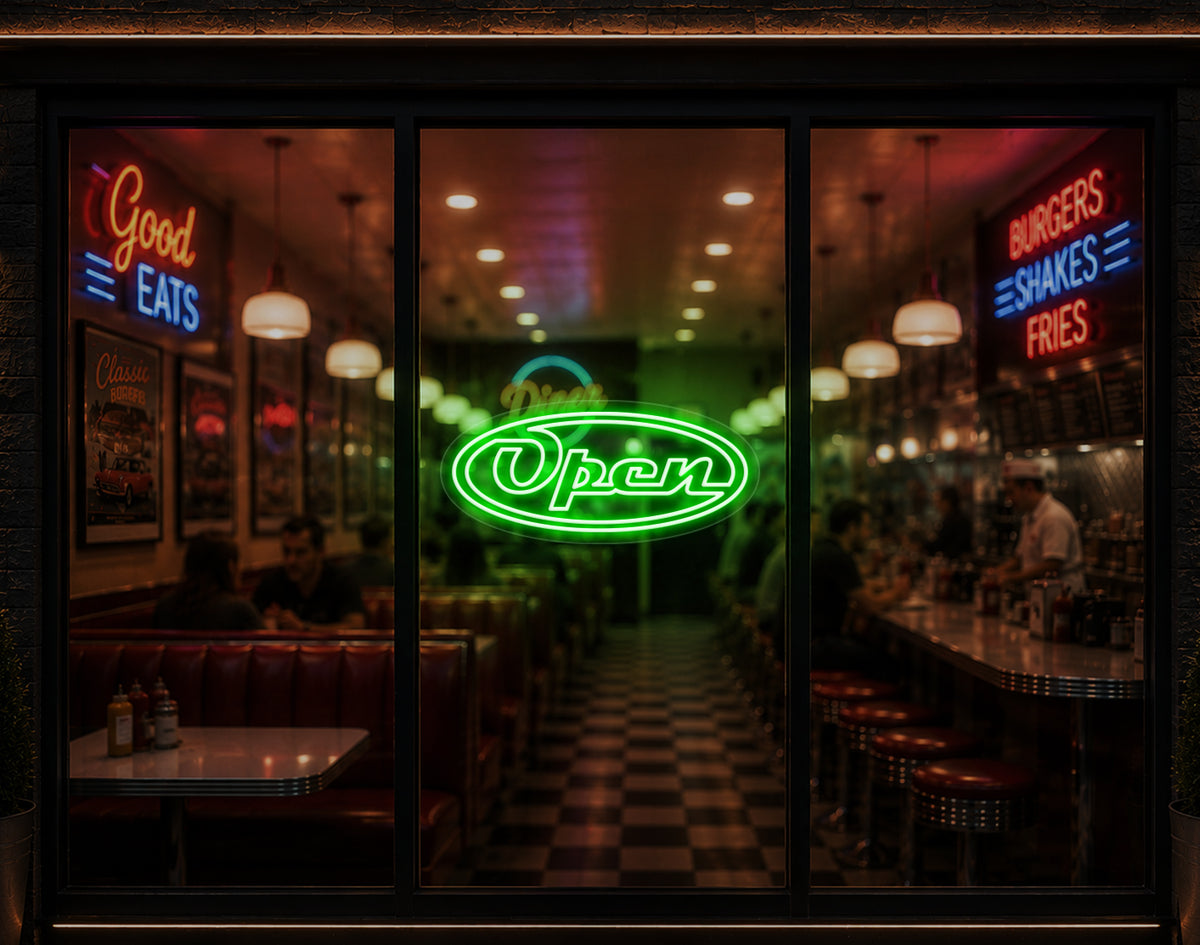 Diner Script Badge Open LED Neon Sign - Green