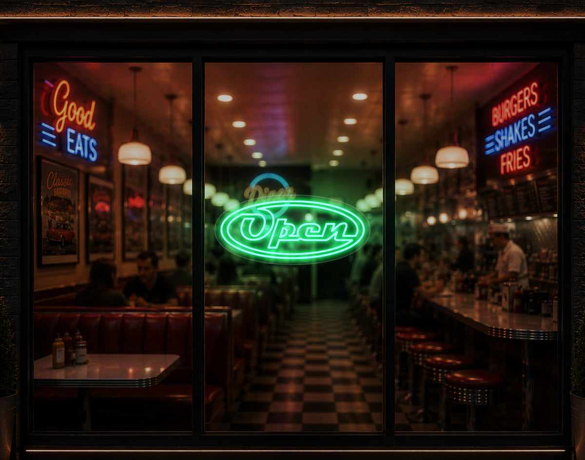 Diner Script Badge Open LED Neon Sign - Mint Green