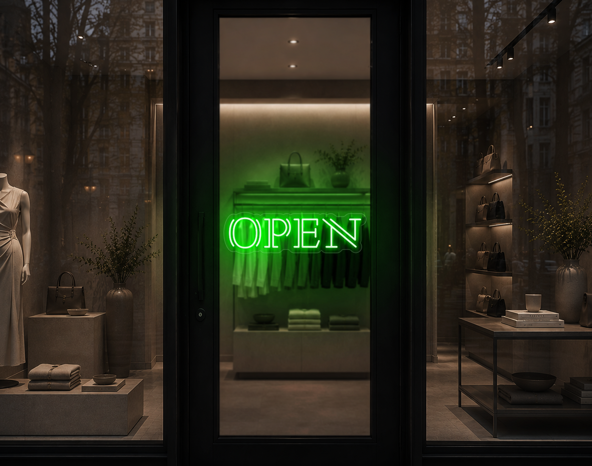 Double Stem Serif Type Open LED Neon Sign - Green