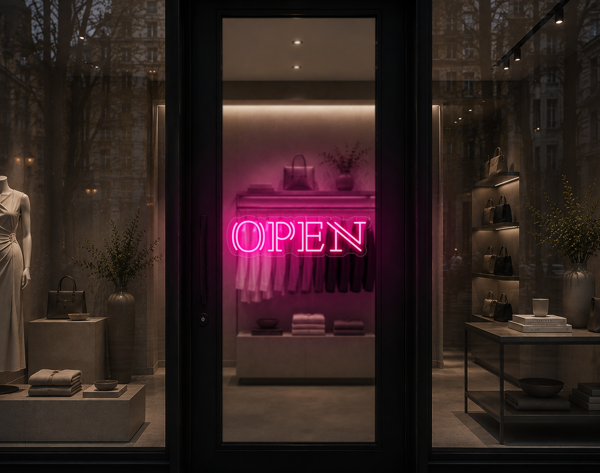 Double Stem Serif Type Open LED Neon Sign - Light Pink