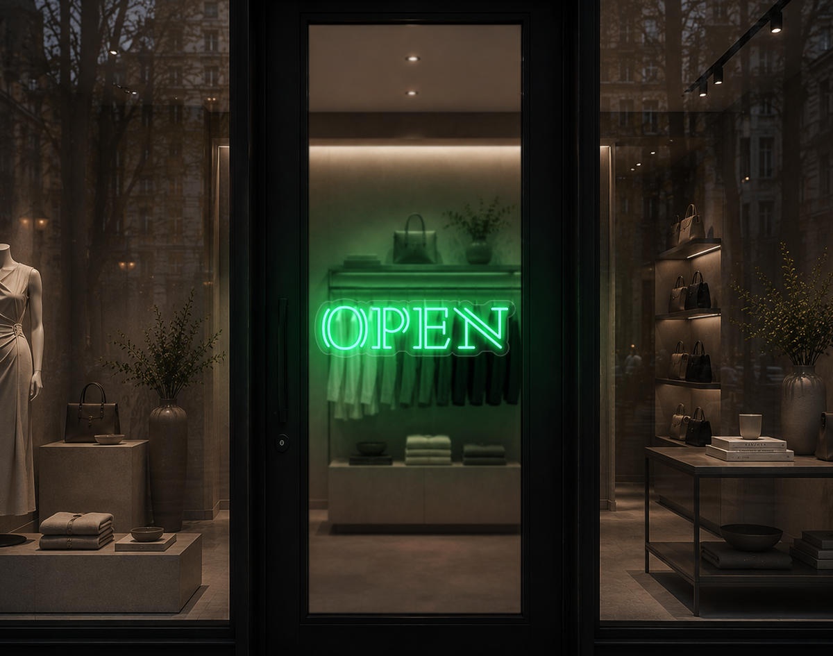Double Stem Serif Type Open LED Neon Sign - Mint Green