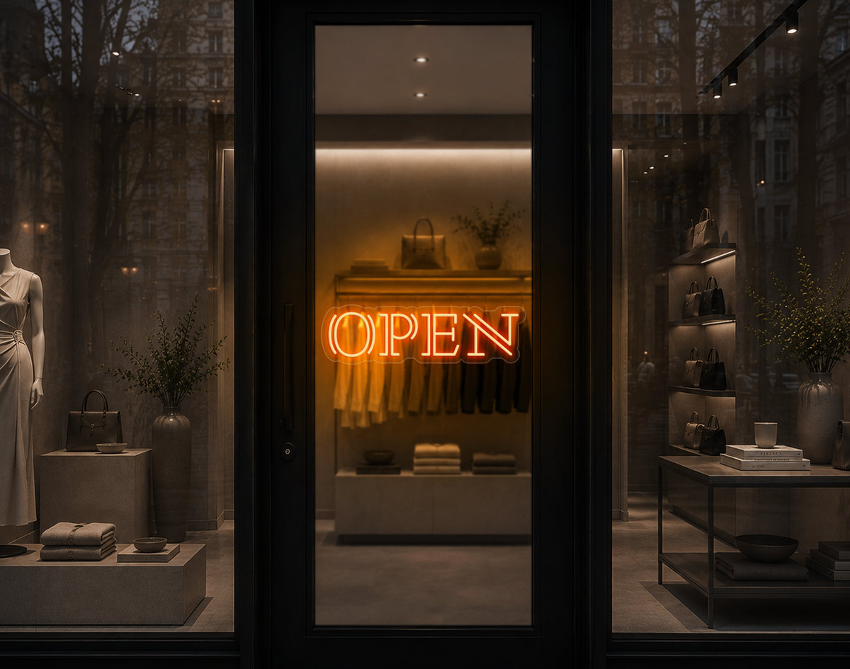 Double Stem Serif Type Open LED Neon Sign - Sunset Orange