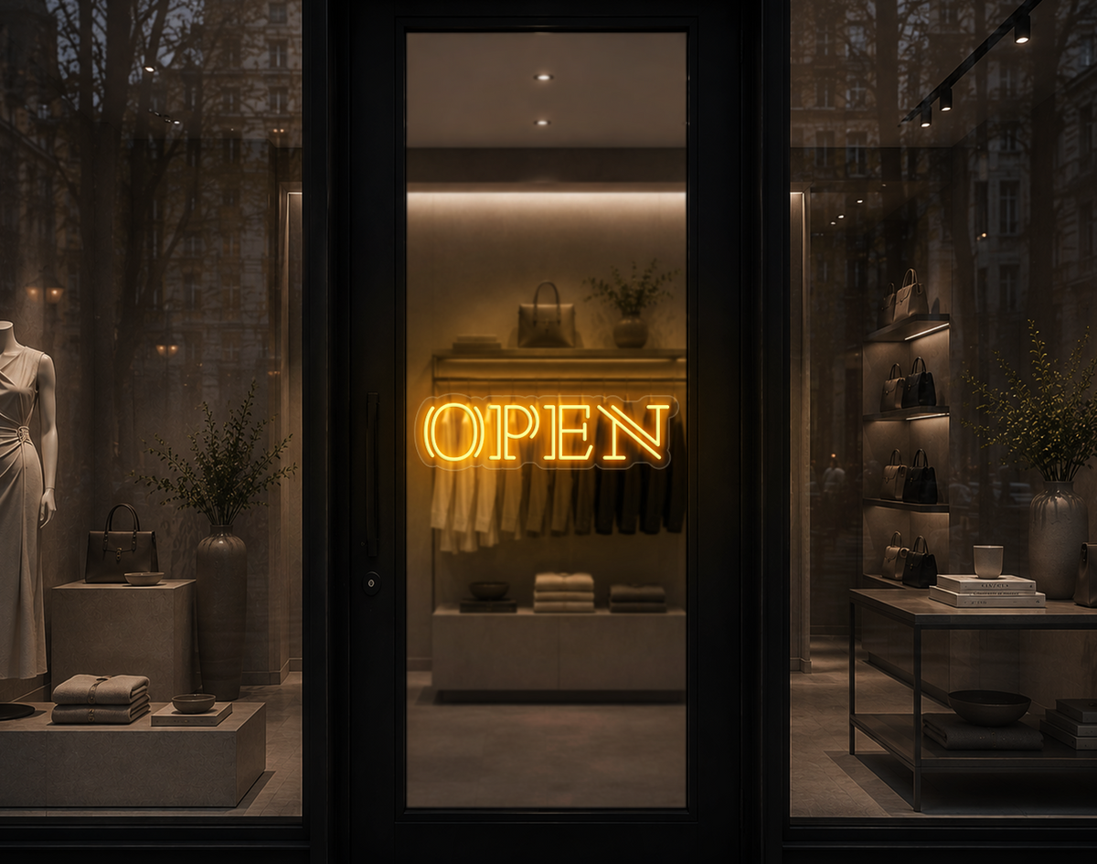 Double Stem Serif Type Open LED Neon Sign - Sunset Yellow