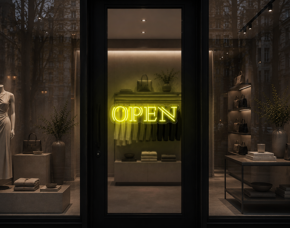Double Stem Serif Type Open LED Neon Sign - Yellow
