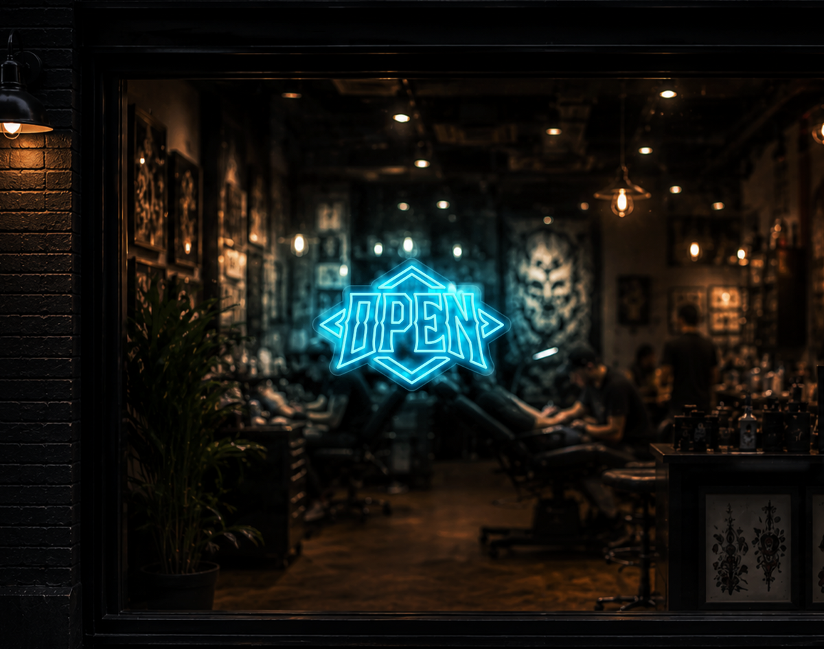 Edgy Diamond Badge Open LED Neon Sign - Ice Blue