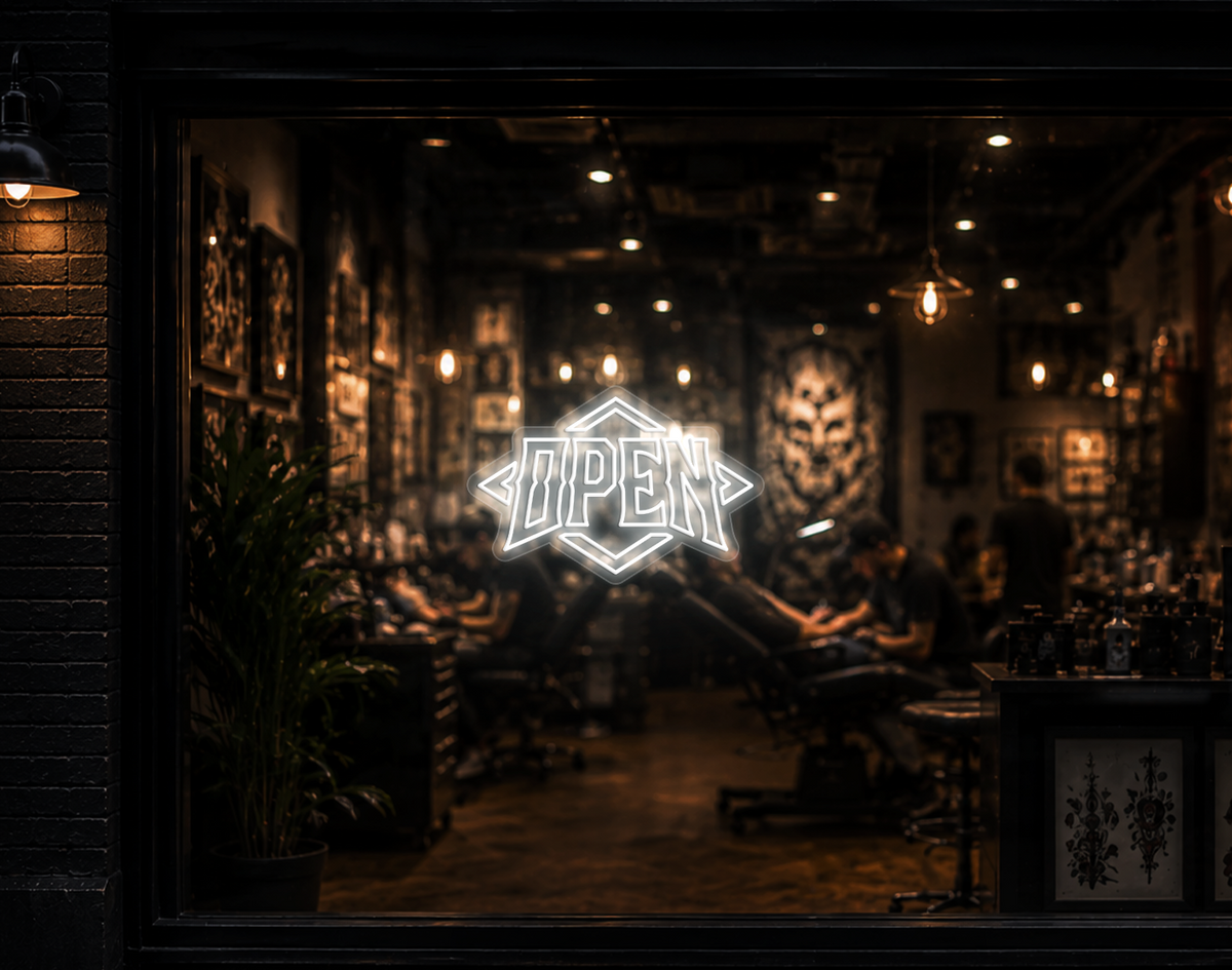 Edgy Diamond Badge Open LED Neon Sign - White