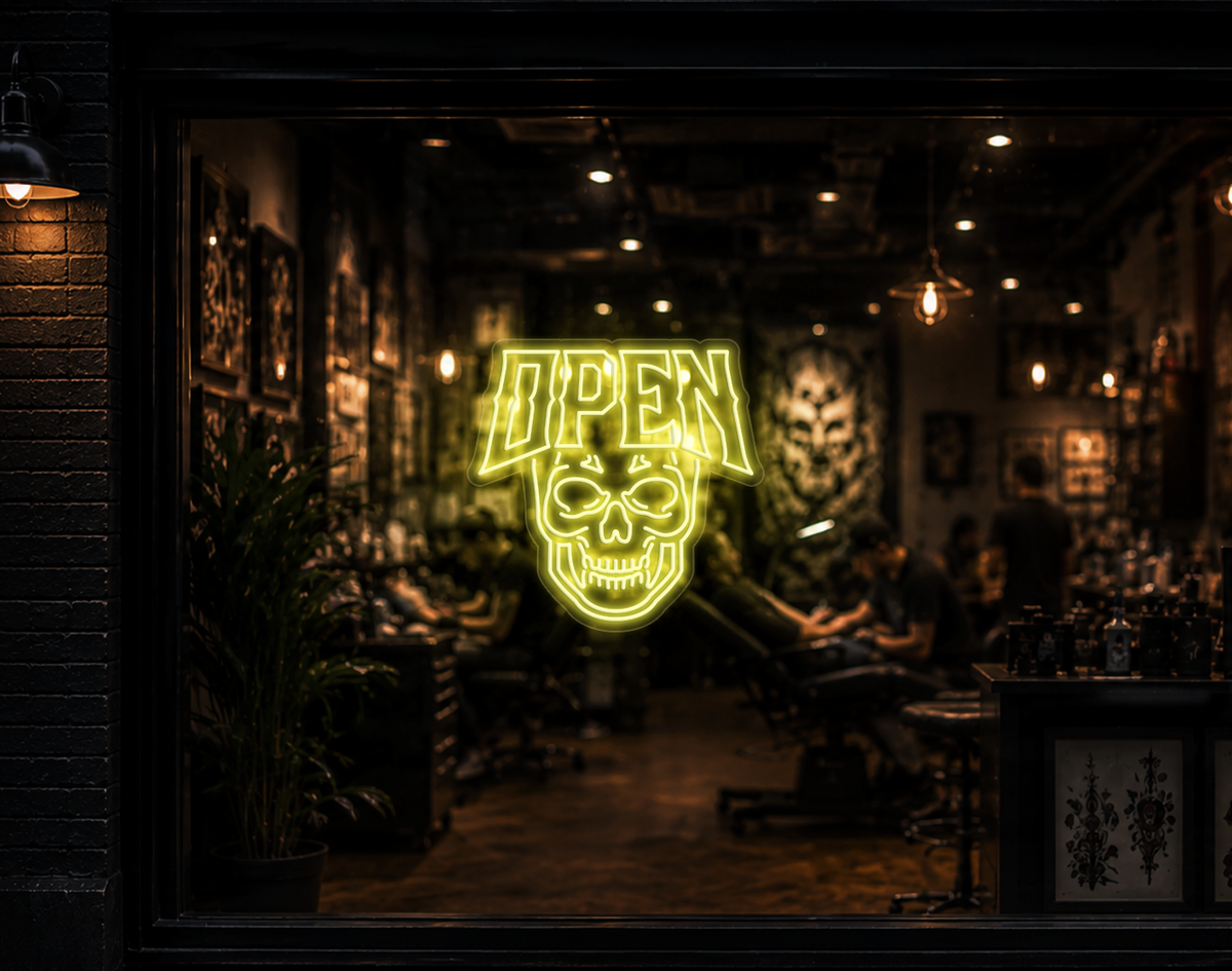 Edgy Skull Open LED Neon Sign - Buttercup Yellow