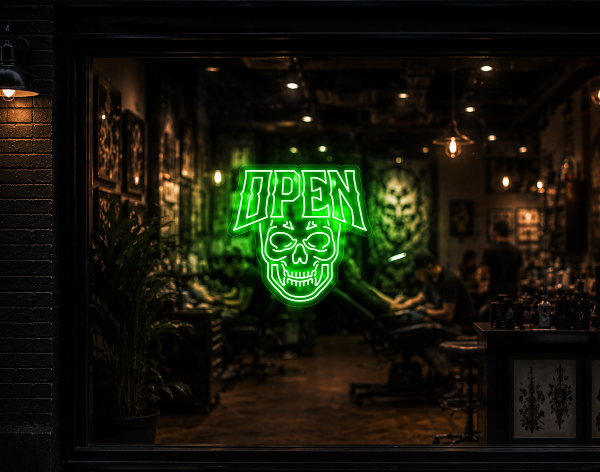 Edgy Skull Open LED Neon Sign - Green