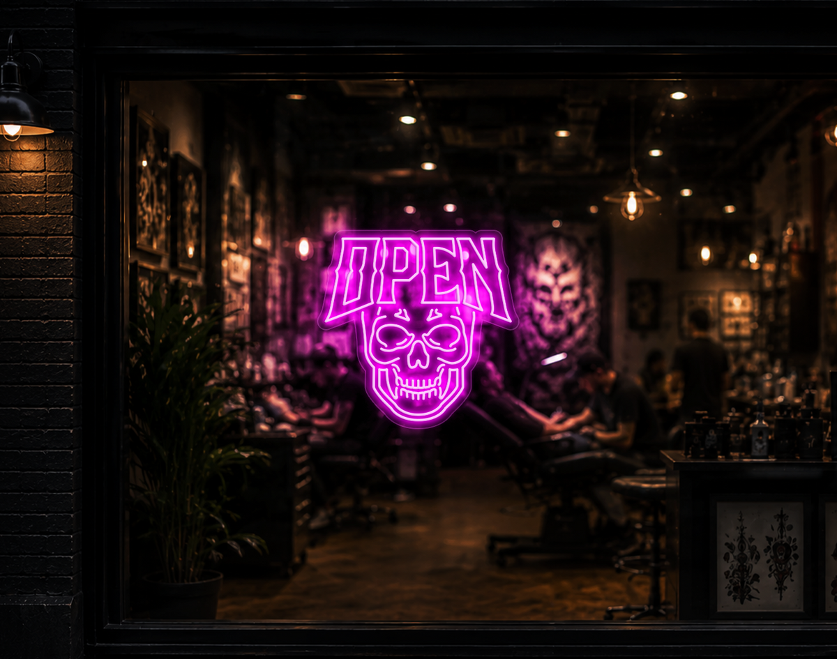 Edgy Skull Open LED Neon Sign - Hot Pink