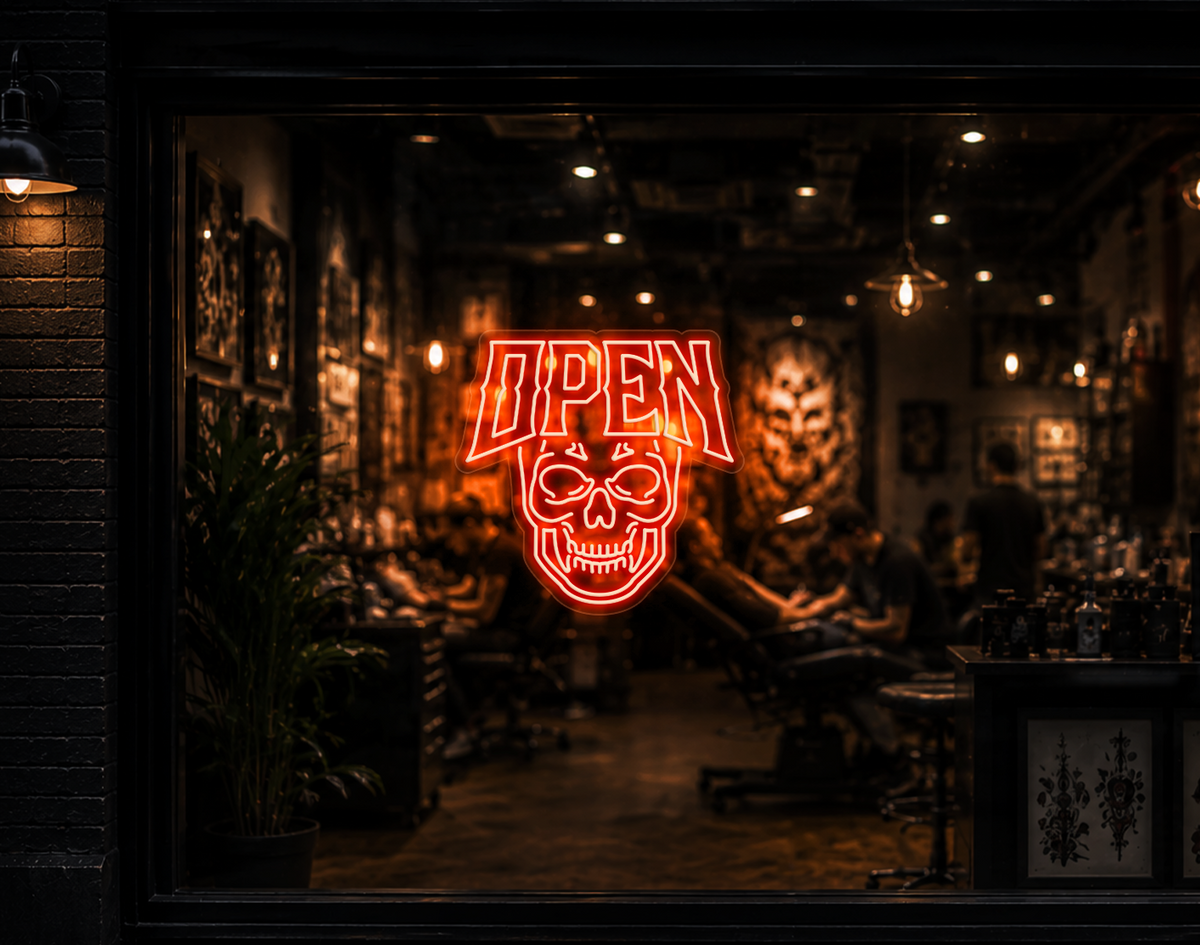 Edgy Skull Open LED Neon Sign - Orange