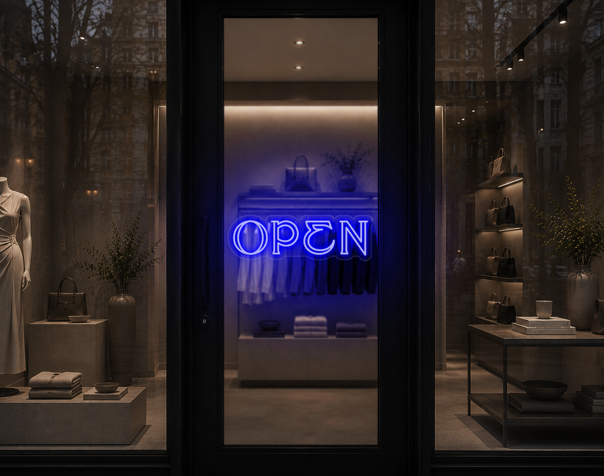 Elegant Serif Open LED Neon Sign - Dark Blue