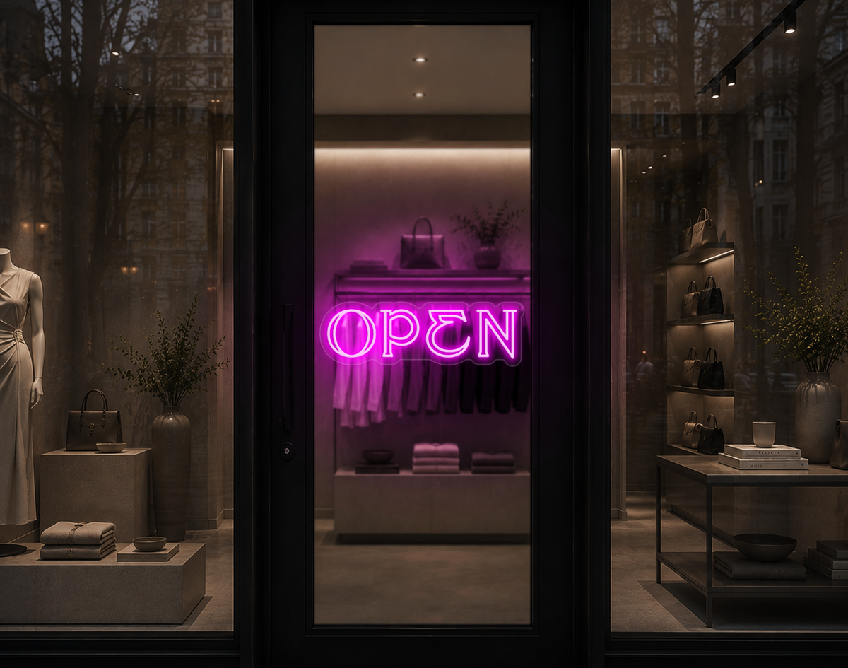 Elegant Serif Open LED Neon Sign - Hot Pink