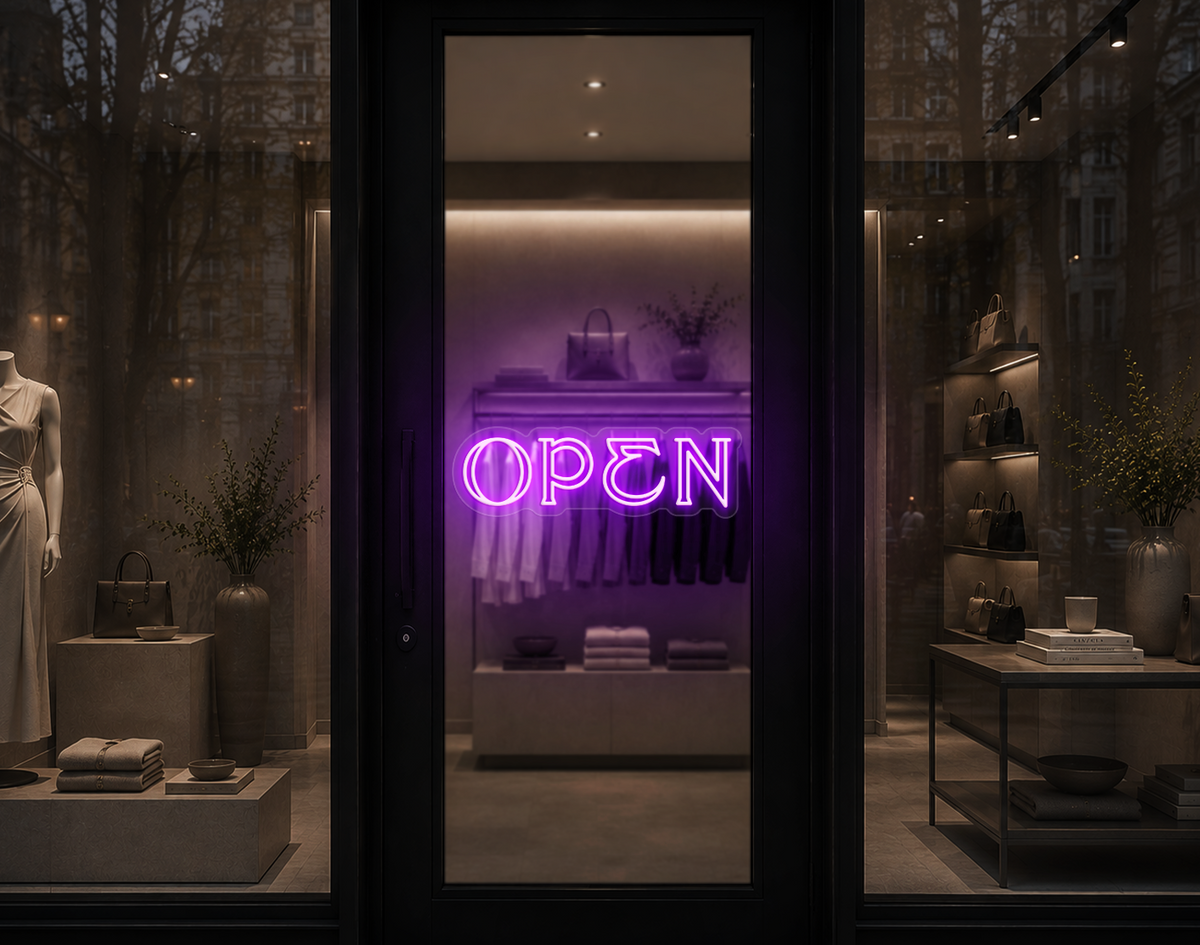 Elegant Serif Open LED Neon Sign - Lilac Purple