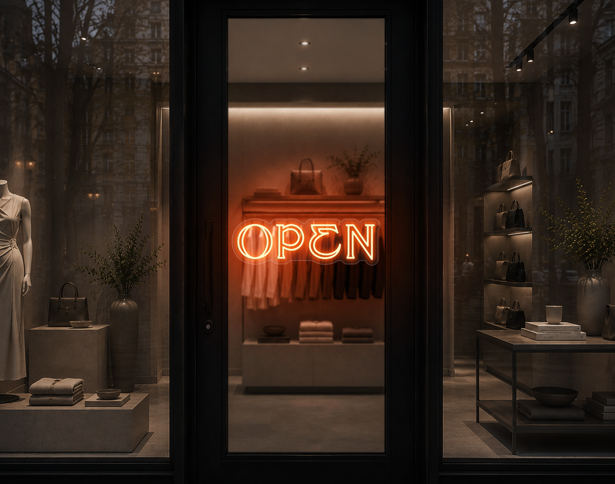 Elegant Serif Open LED Neon Sign - Peach Orange