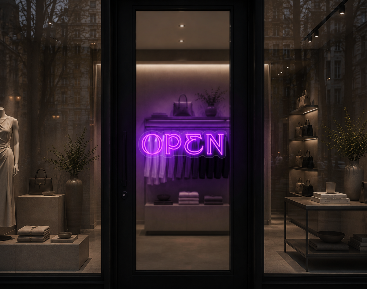 Elegant Serif Open LED Neon Sign - Purple