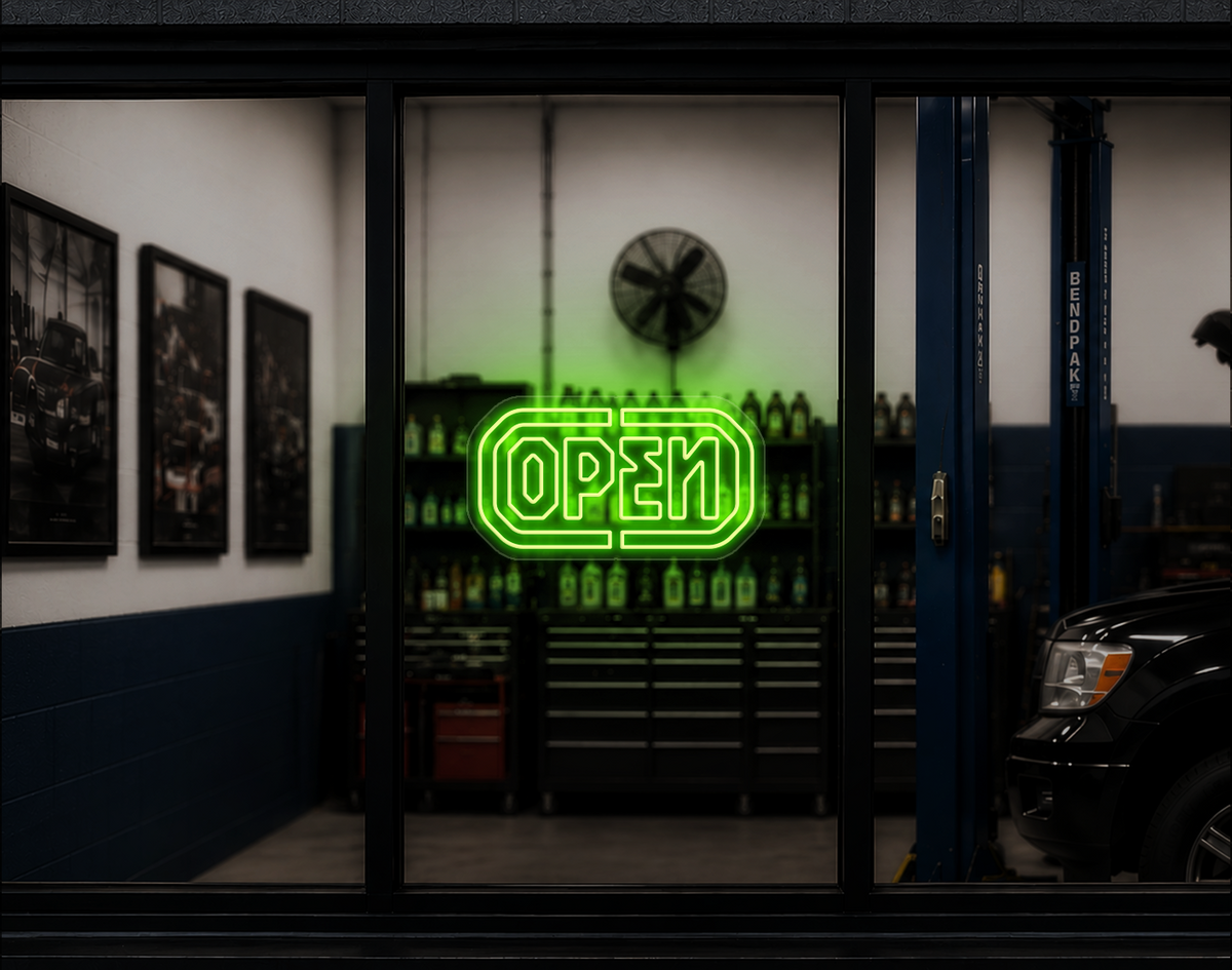 Industrial Badge Open LED Neon Sign - Lime
