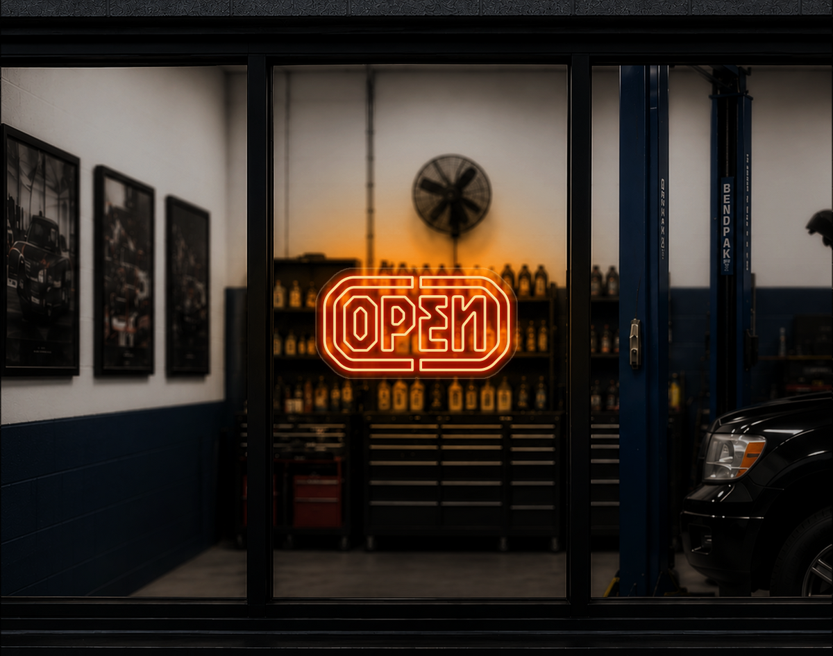 Industrial Badge Open LED Neon Sign - Sunset Orange