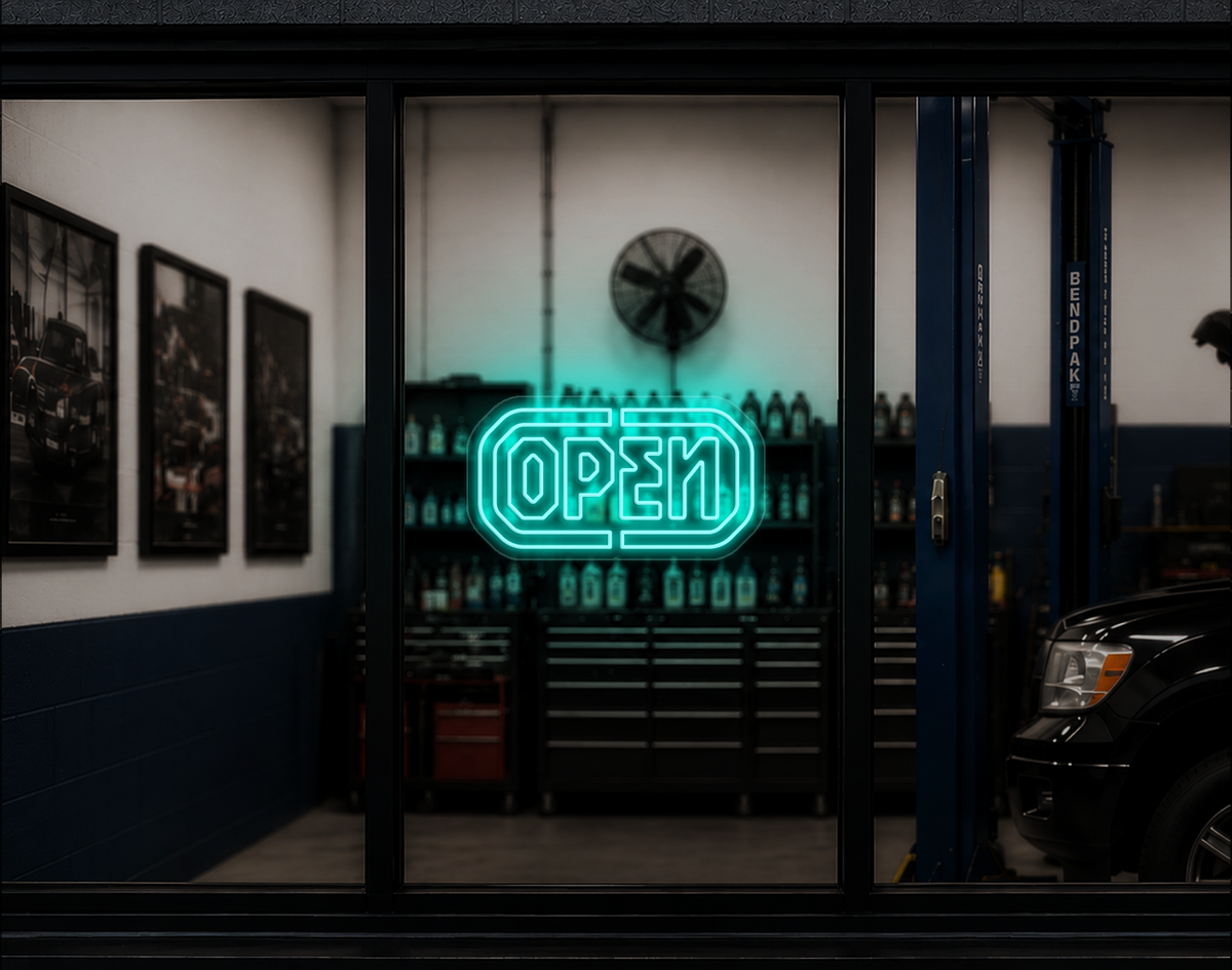 Industrial Badge Open LED Neon Sign - Turquoise
