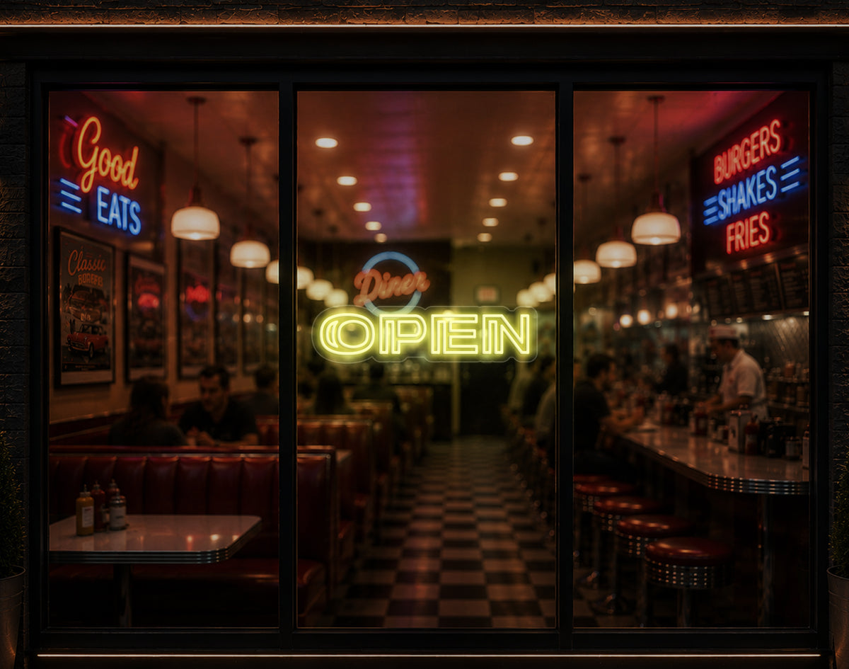 Minimal Double Stem Sans-Serif Open LED Neon Sign - Buttercup Yellow