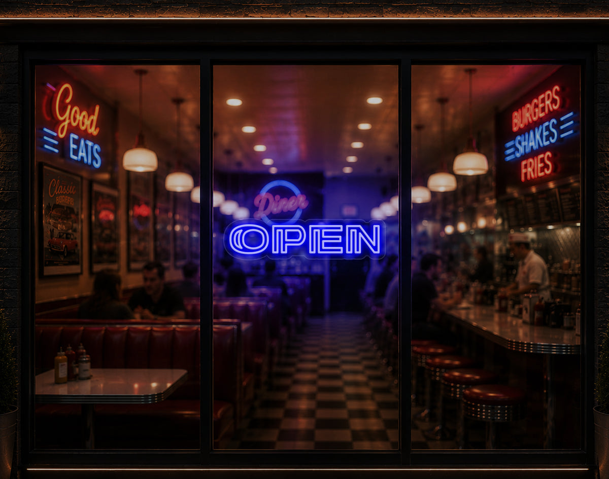 Minimal Double Stem Sans-Serif Open LED Neon Sign - Dark Blue