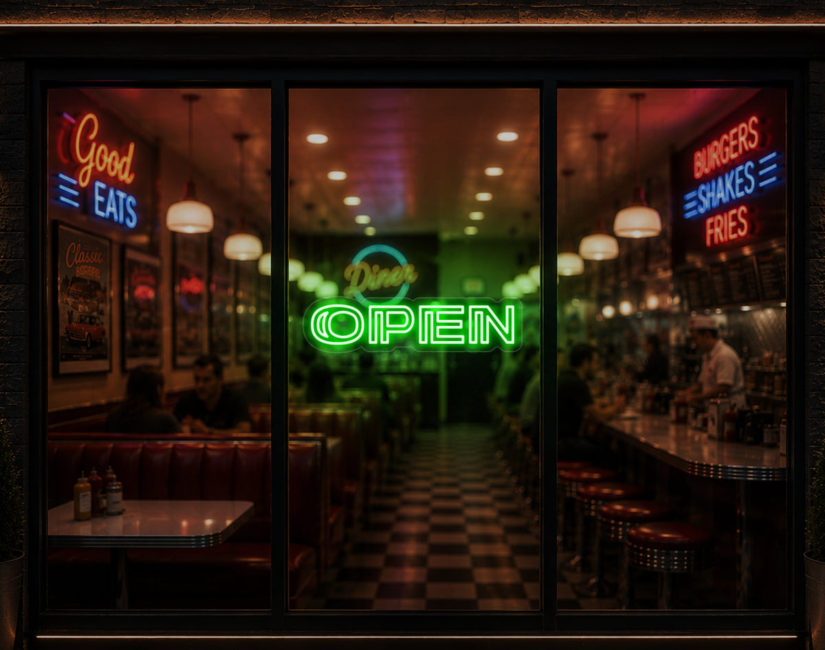 Minimal Double Stem Sans-Serif Open LED Neon Sign - Green