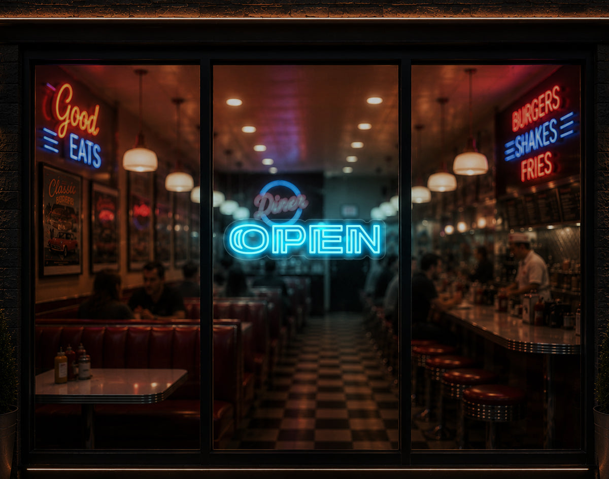 Minimal Double Stem Sans-Serif Open LED Neon Sign - Ice Blue