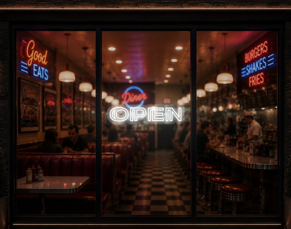 Minimal Double Stem Sans-Serif Open LED Neon Sign - White