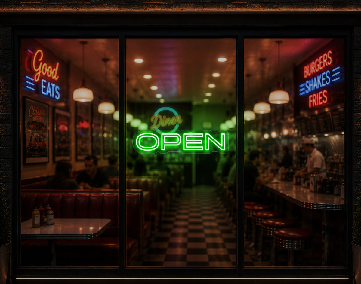 Minimal Sans-Serif Open LED Neon Sign - Green
