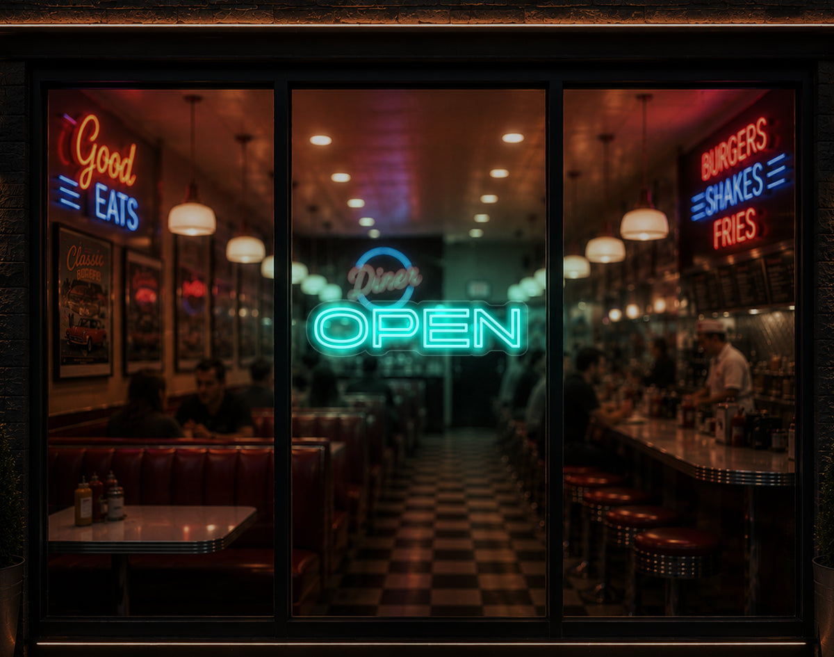 Minimal Sans-Serif Open LED Neon Sign - Turquoise