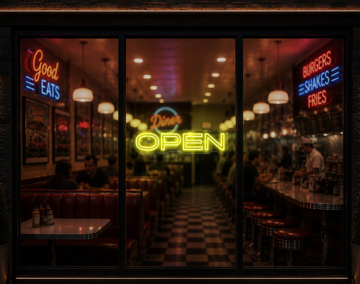 Minimal Sans-Serif Open LED Neon Sign - Yellow