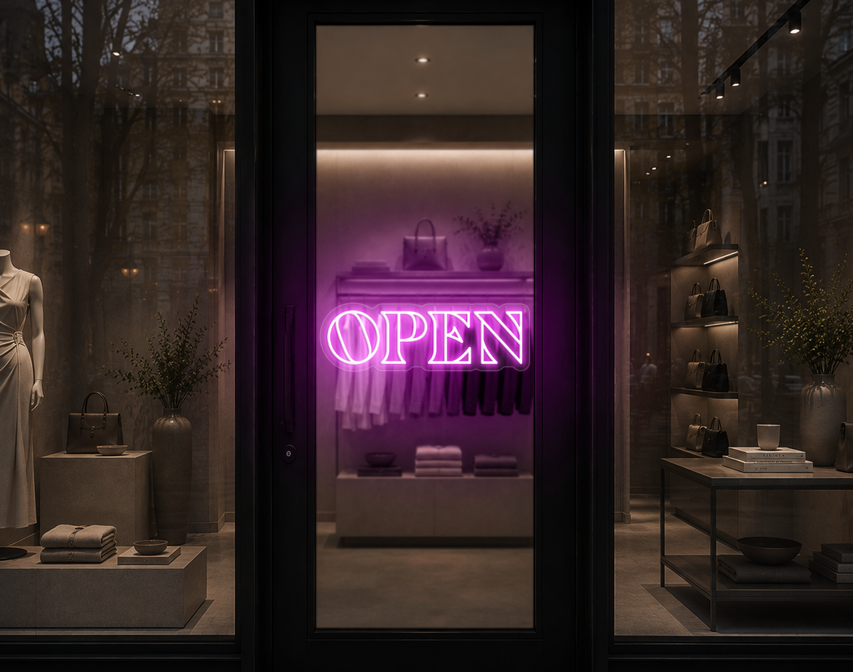 Minimal Wide Serif Open LED Neon Sign - Bubblegum Pink