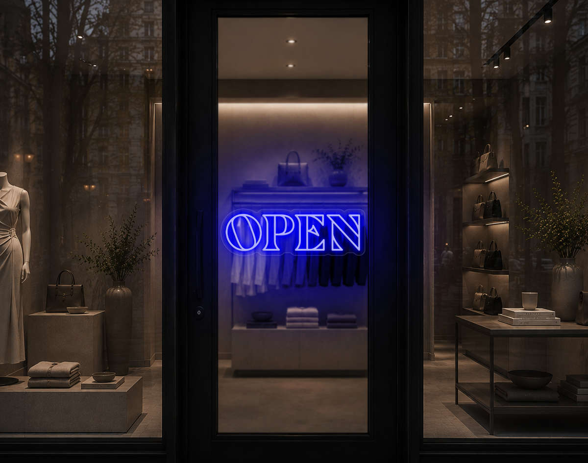 Minimal Wide Serif Open LED Neon Sign - Dark Blue