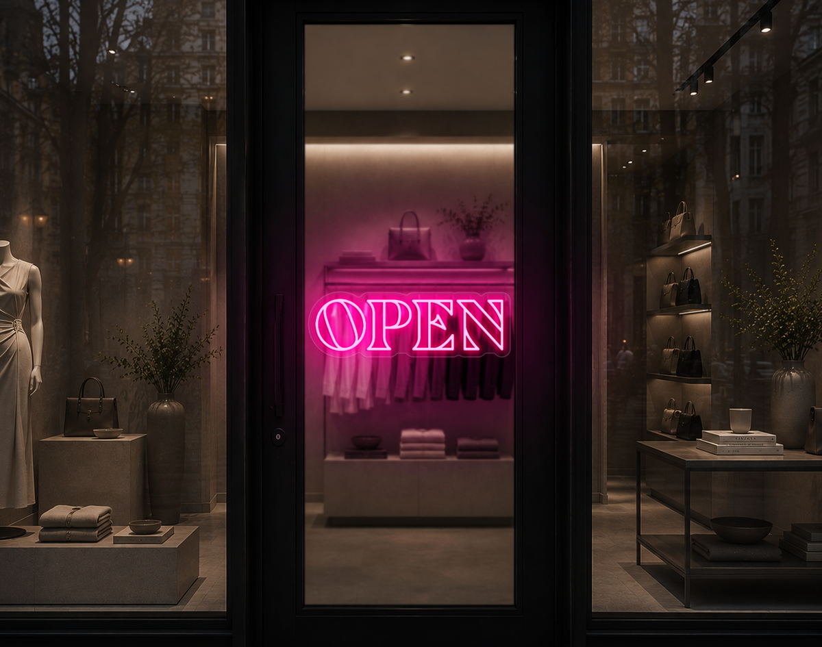 Minimal Wide Serif Open LED Neon Sign - Light Pink