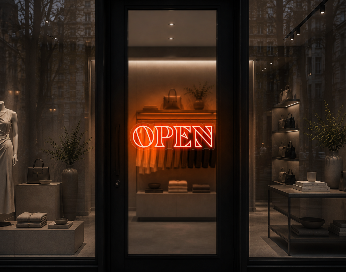 Minimal Wide Serif Open LED Neon Sign - Orange