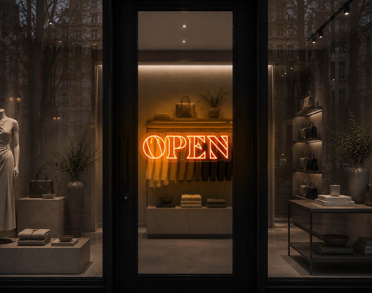 Minimal Wide Serif Open LED Neon Sign - Sunset Orange