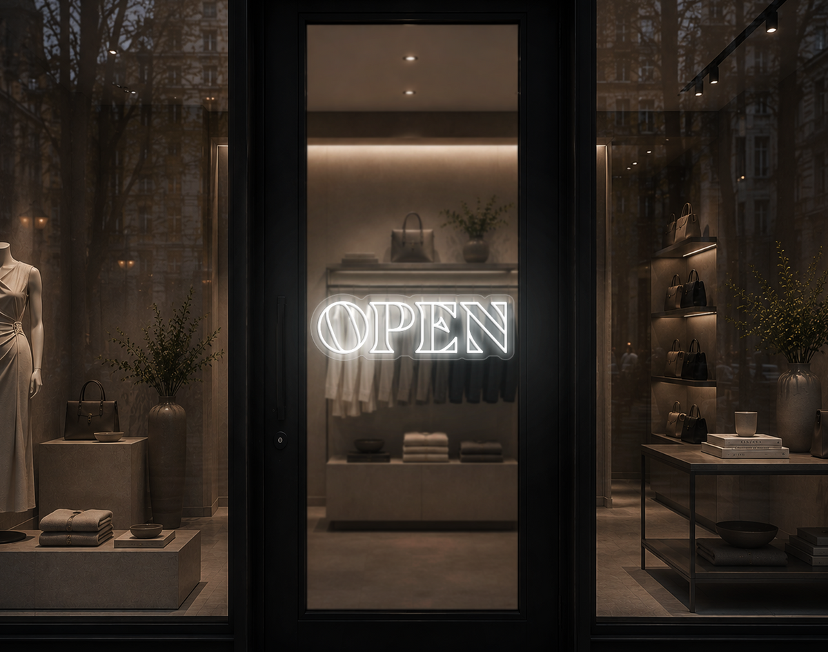Minimal Wide Serif Open LED Neon Sign - White