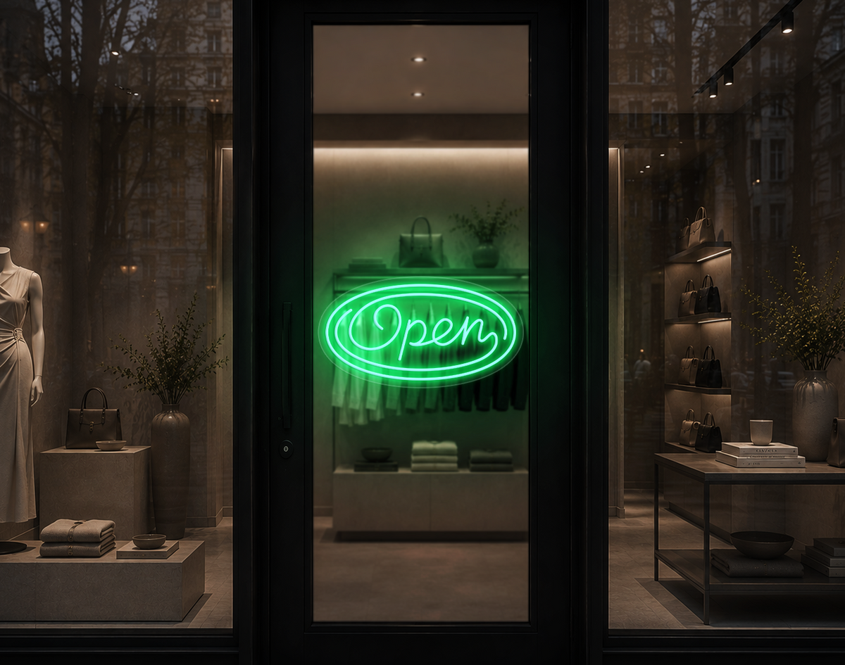 Monoline Script Badge Open LED Neon Sign - Mint Green