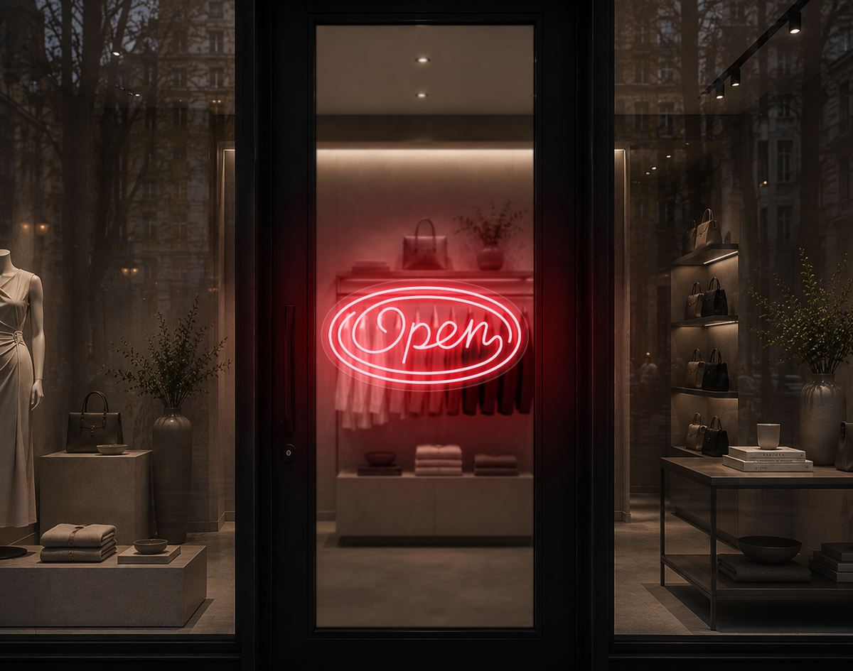 Monoline Script Badge Open LED Neon Sign - Petal Pink