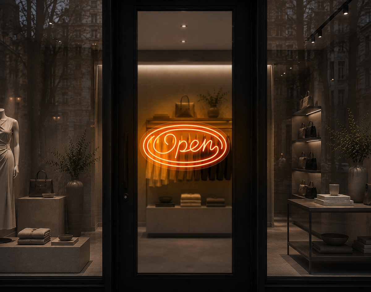 Monoline Script Badge Open LED Neon Sign - Sunset Orange