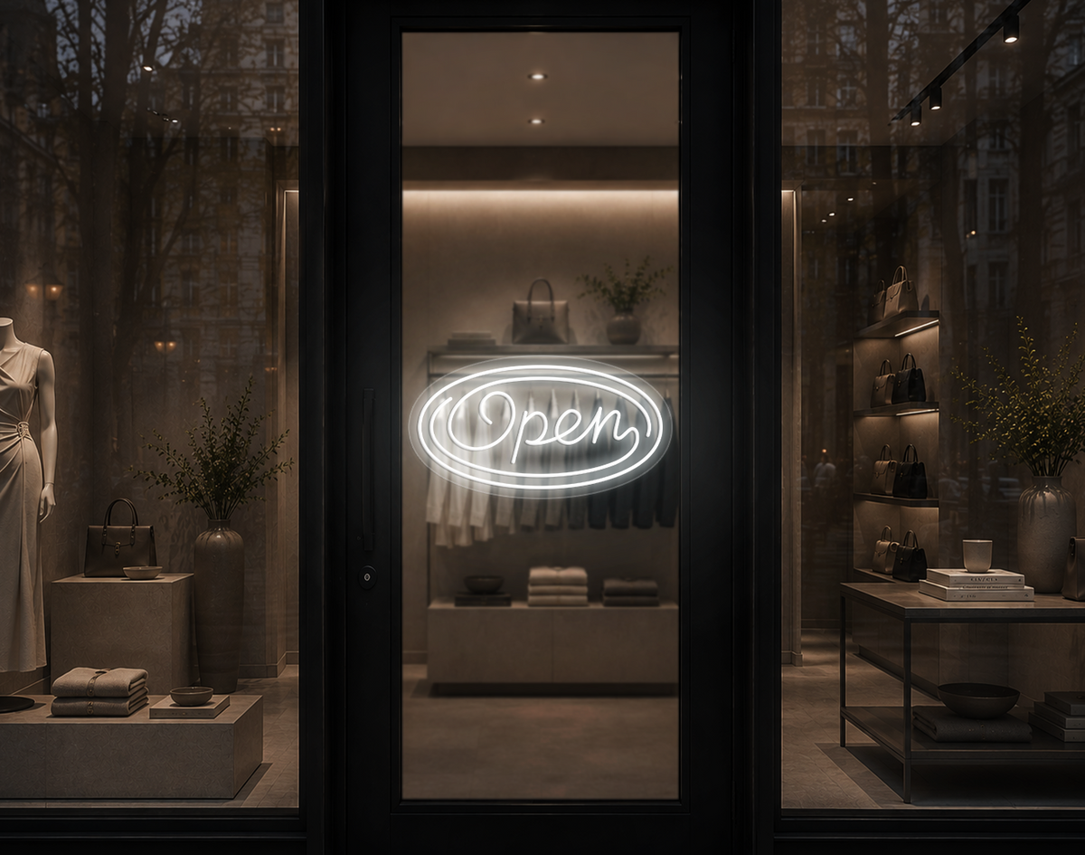 Monoline Script Badge Open LED Neon Sign - White