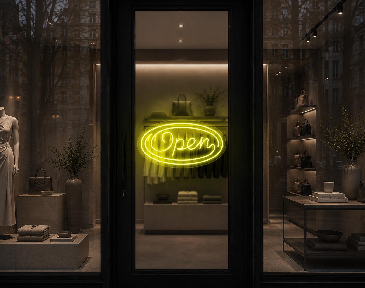 Monoline Script Badge Open LED Neon Sign - Yellow