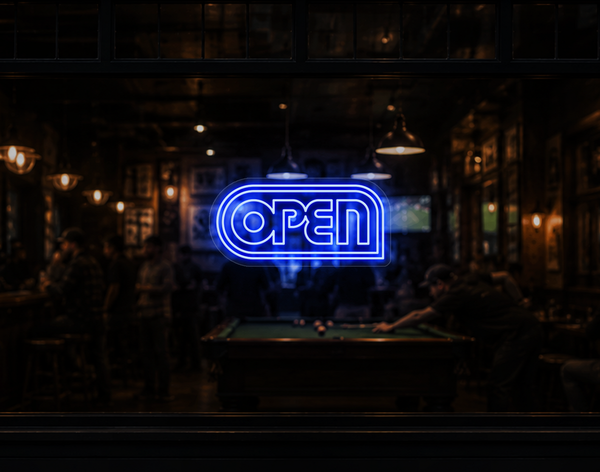 Retro Badge V1 Open LED Neon Sign - Baby Blue